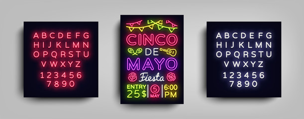Cinco De Mayo Poster in neon style. Design Template Flyer invitation to celebrate Cinco de Mayo, banner light, typography Mexican Fiesta celebration party. Vector illustration. Editing text neon sign