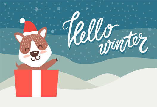 Hello Winter Greeting Card Happy Bear Waving Hand