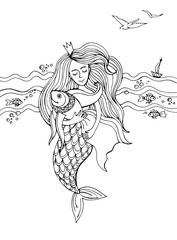 Графический рисунок. русалочка и Рыба. Мифическое существо русалочка держит рыбку
