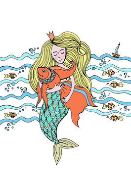 Графический рисунок. русалочка и Рыба. Мифическое существо русалочка держит рыбку