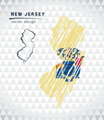 New Jersey vector map with flag inside isolated on a white background. Sketch chalk hand drawn illustration