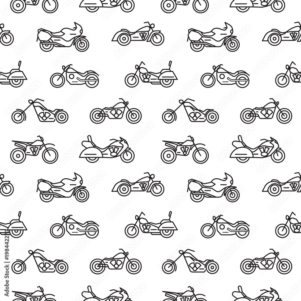 Poster seamless pattern with motorcycles of various types drawn with black contour lines on white backgroun