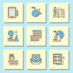 Set of flat design outline icons education tutorials staff training learning research knowledge vector illustration.