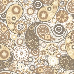 Motley paisley seamless pattern with folk buta motif. Backdrop with yellow and brown mehndi elements on white background. Colorful vector illustration for fabric print, wallpaper, wrapping paper.
