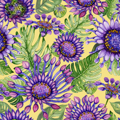 Beautiful large vivid African daisy flowers with green monstera leaves on yellow background. Seamless bright floral pattern. Watercolor painting. Hand painted illustration.