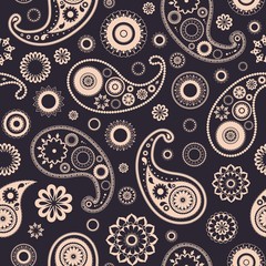 Ethnic Arab paisley seamless pattern with folk buta motif. Backdrop with traditional floral mehndi elements on black background. Colorful vector illustration for textile print, wrapping paper.