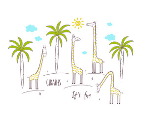 Cute giraffes and palm trees. Vector illustration for kids