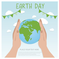 Earth Day Background concept. Flat Illustration design. hands holding a globe with buildings and trees. 
