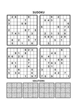 Four sudoku puzzles of comfortable (easy, yet not very easy) level, on A4 or Letter sized page with margins, suitable for large print books, answers included. Set 9.
