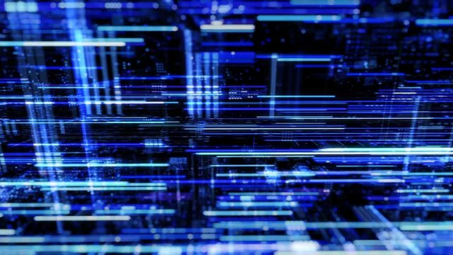 Abstract digital abstract virtual city. Scanning city for hackers attack concept. Software developer, programming, binary computer code with technology and connection concept. 3D render 4K loop