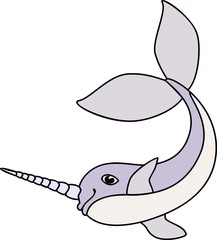 Fototapeta premium Lilac cartoon narwhal with horn on white background