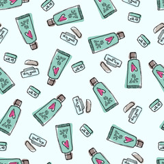 Seamless pattern with hand drawn beauty products.