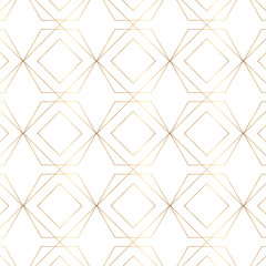 Seamless gold line geometric modern pattern. Background with rhombus, triangles and nodes. Golden texture.