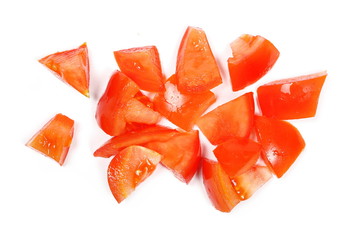 Fresh red tomato slices isolated on white background, top view