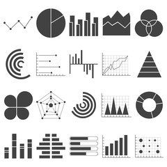 Business data graphs icons. Financial and marketing charts. Market elements dot bar pie charts diagrams and graphs. Business infographic flow sheet diagram. Flat icons set isolated.