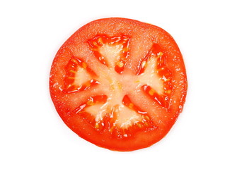 Fresh red tomato slice isolated on white background, top view