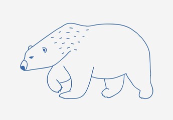 Walking or wandering polar bear hand drawn with blue contour lines on white background. Sad and fierce cartoon wild Arctic animal, large northern carnivorous mammal. Monochrome vector illustration.