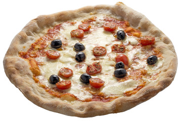 Pizza mozzarella tomatoes olives and basil