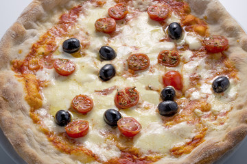 Pizza mozzarella tomatoes olives and basil