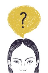 Head of young woman and thought bubble with interrogation point inside. Portrait of thoughtful girl thinking about problem solving and answering inner questions. Hand drawn vector illustration.