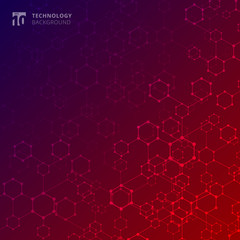 Abstract geometric technology hexagon with dots lines connection blue and red gradient background.