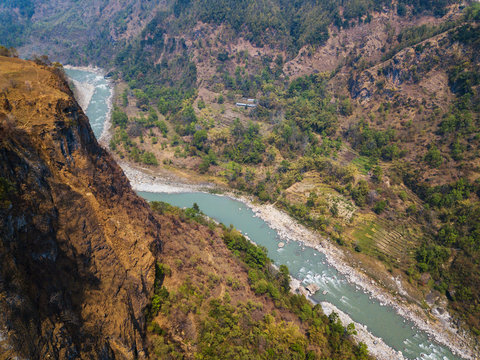Aerial view of the Kali Gandaki river and its deep gorge near Kusma in Nepal