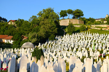 View across Kovaci Cemetery to the Yellow Bastion in Sarajevo, Bosnia Herzegovina