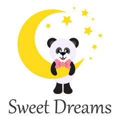cartoon cute panda with tie and moon and text