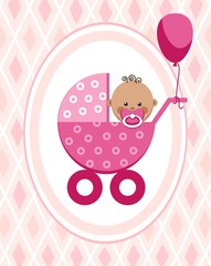 Newborn baby, girl, postcard, Africa, pink rhombus, vector. A little girl in a pink stroller. A pink balloon is tied to the stroller. Color, flat card. Congratulation. Pink diamonds on a pink field. 