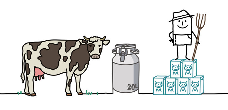 Cartoon Farmer with Cow and Milk