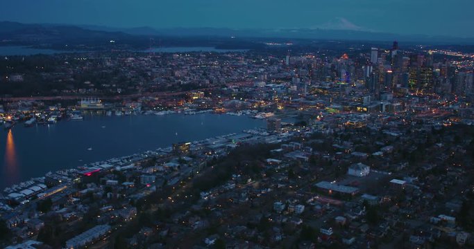 Seattle Aerial West Lake Union Queen Anne Hill City Skyline Mount Rainer Twilight Evening Building Lighting