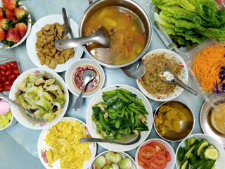 Variety of mix culture food on dining table, Eastern and Western, Asian and European