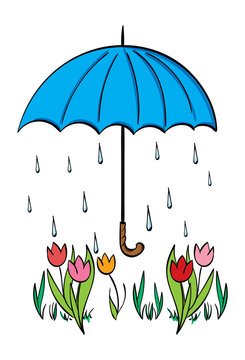 A Blue umbrella above tulips with raindrops in the background.