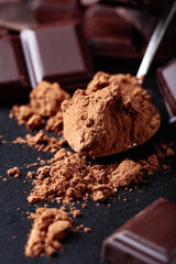 Broken chocolate pieces and cocoa powder.