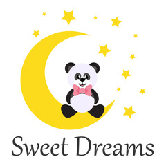 cartoon cute panda with tie sitting on the moon with text