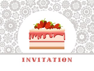 The invitation, strawberry cake, white and gray floral background, vector. Birthday invitation, wedding. A holiday, a family celebration. Cake with strawberries on a floral background. 