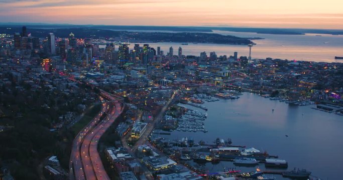 Panoramic Aerial View Downtown Seattle Skyline Lake Union Infrastructure Buildings Highway Surrounding Waterfront Landscape Lake Ocean Pacific Northwest