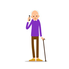Old man. An elderly man is standing leaning on his wand and is holding a phone in his hand. Cartoon illustration isolated on white background in flat style. Full length portrait of old human, senior