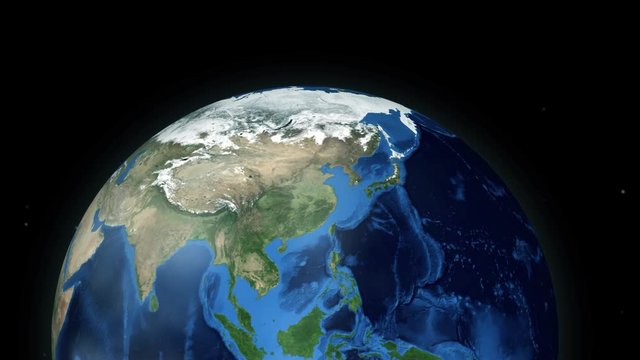Zooming through space to a location in Globe animation - South Korea - Image Courtesy of NASA