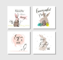 Hand drawn vector abstract graphic scandinavian collage Happy Easter cute illustrations greeting cards template collection set and Happy Easter handwritten calligraphy isolated on white background