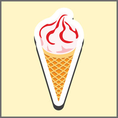 Ice cream in a waffle cone with red jam. Illustration in the form of a sticker.