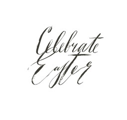 Hand drawn vector abstract graphic scandinavian Happy Easter cute greeting card template with Celebrate Easter lettering calligraphy lettering phases text isolated on white background