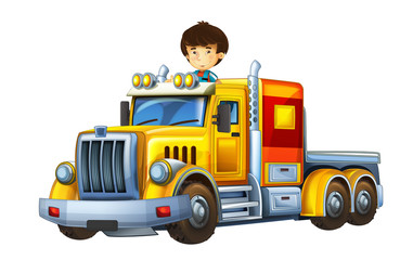 cartoon scene with happy and funny child - boy in cargo truck without trailer - illustration for children