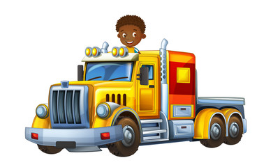 cartoon scene with happy and funny child - boy in cargo truck without trailer - illustration for children