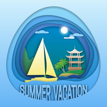 Summer vacation logo template. Sailing yacht at sea, palm trees and pagoda on island. Tourist label illustration in paper cut style.
