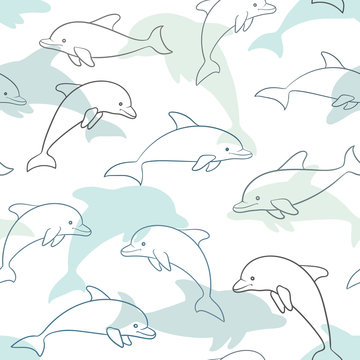 Seamless pattern with dolphin on white. design for holiday greeting card and invitation of baby shower, birthday, child clothes, summer holidays, beach party, traweling and vacations