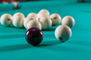 balls for Russian Billiards on a billiard table with a green cloth
