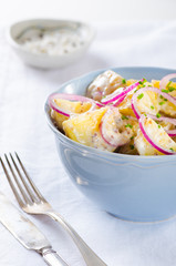 Fresh potato salad with mayonnaise dressing, onion and capers on white background
