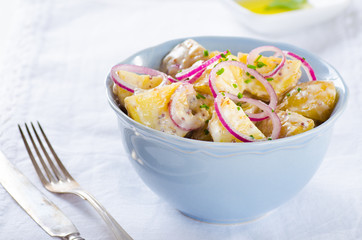 Fresh potato salad with mayonnaise dressing, onion and capers on white background
