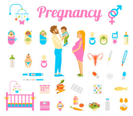Fototapeta na wymiar Pregnancy, birth and newborn baby vector icons.